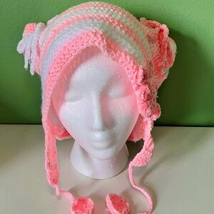 Handmade Pink & White Striped Crochet Cat Ear Bonnet